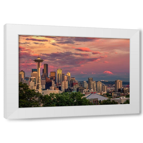 Seattle-Washington State skyline and distant Mt Rainier White Modern Wood Framed Art Print by Jones, Adam
