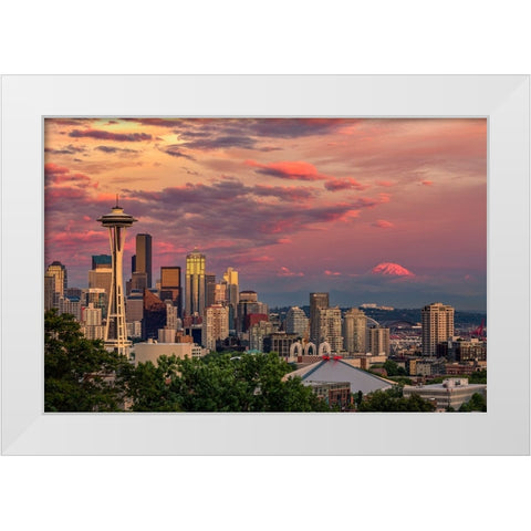 Seattle-Washington State skyline and distant Mt Rainier White Modern Wood Framed Art Print by Jones, Adam