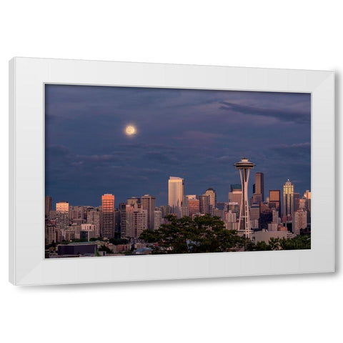 Seattle skyline and super moon at dusk-Seattle-Washington State White Modern Wood Framed Art Print by Jones, Adam