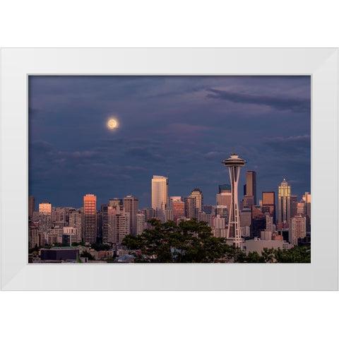 Seattle skyline and super moon at dusk-Seattle-Washington State White Modern Wood Framed Art Print by Jones, Adam