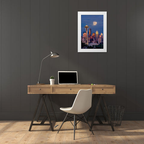 Seattle skyline and super moon at dusk-Seattle-Washington State White Modern Wood Framed Art Print by Jones, Adam