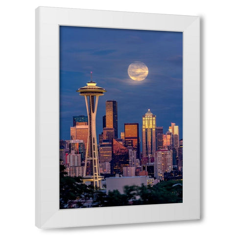 Seattle skyline and super moon at dusk-Seattle-Washington State White Modern Wood Framed Art Print by Jones, Adam