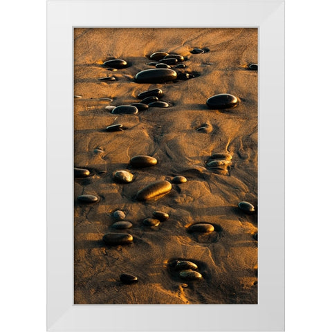Pattern of smooth round stones on beach at sunset-Olympic National Park-Washington State White Modern Wood Framed Art Print by Jones, Adam