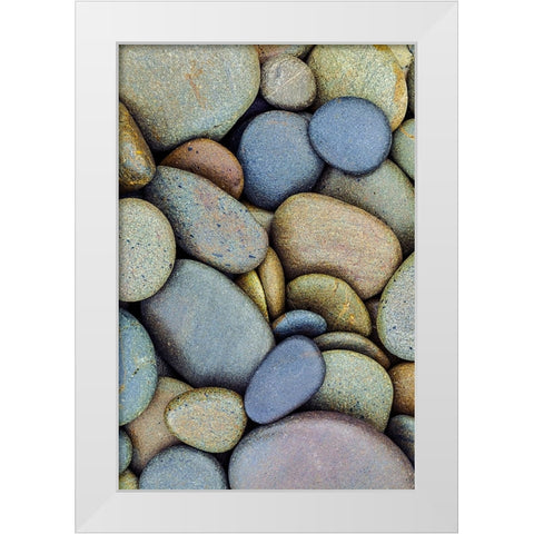 Pattern of smooth rounded stones on beach-Olympic National Park-Washington State White Modern Wood Framed Art Print by Jones, Adam