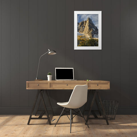 Liberty Bell Mountain Early Winters Spires-and golden autumn Larches White Modern Wood Framed Art Print by Majchrowicz, Alan