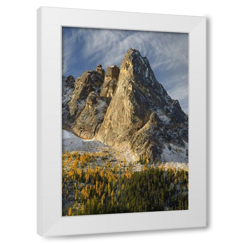 Liberty Bell Mountain Early Winters Spires-and golden autumn Larches White Modern Wood Framed Art Print by Majchrowicz, Alan