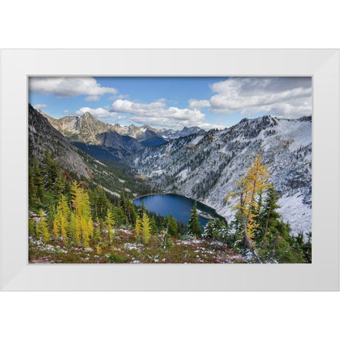 Lake Ann and golden larches after autumn snowfall North Cascades-Washington State White Modern Wood Framed Art Print by Majchrowicz, Alan