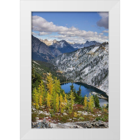 Lake Ann and golden larches after autumn snowfall North Cascades-Washington State White Modern Wood Framed Art Print by Majchrowicz, Alan