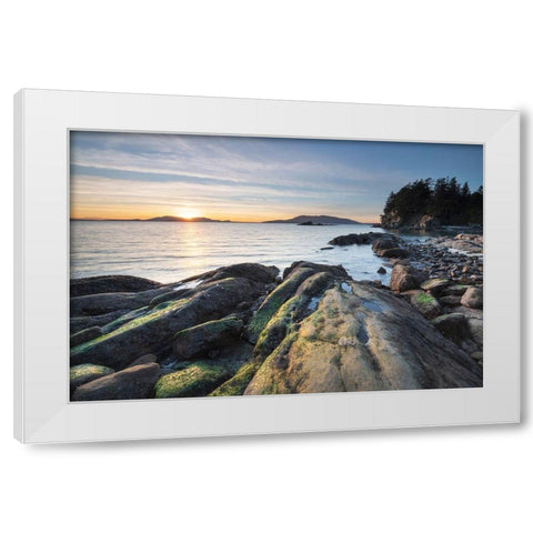 Sunset at Wildcat Cove-looking out to Samish Bay and the San Juan Islands-Larrabee State Park White Modern Wood Framed Art Print by Majchrowicz, Alan