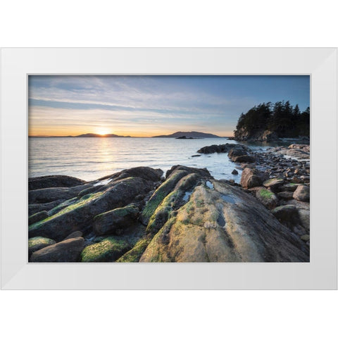 Sunset at Wildcat Cove-looking out to Samish Bay and the San Juan Islands-Larrabee State Park White Modern Wood Framed Art Print by Majchrowicz, Alan