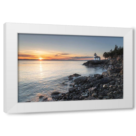 Lime Kiln Lighthouse at sunset-Lime Kiln Point State Park-San Juan Island-Washington State White Modern Wood Framed Art Print by Majchrowicz, Alan