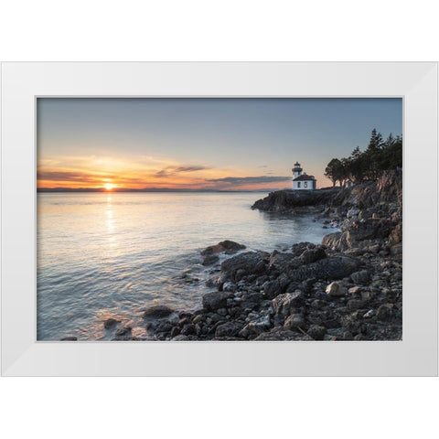 Lime Kiln Lighthouse at sunset-Lime Kiln Point State Park-San Juan Island-Washington State White Modern Wood Framed Art Print by Majchrowicz, Alan