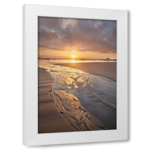 Stream flowing into the Pacific Ocean at sunset-Kalaloch Beach Olympic National Park White Modern Wood Framed Art Print by Majchrowicz, Alan