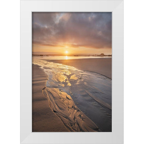 Stream flowing into the Pacific Ocean at sunset-Kalaloch Beach Olympic National Park White Modern Wood Framed Art Print by Majchrowicz, Alan