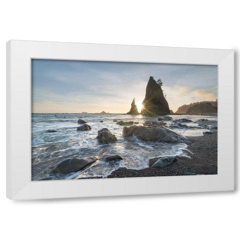 Setting sun behind Split Rock on Rialto Beach-Olympic National Park White Modern Wood Framed Art Print by Majchrowicz, Alan
