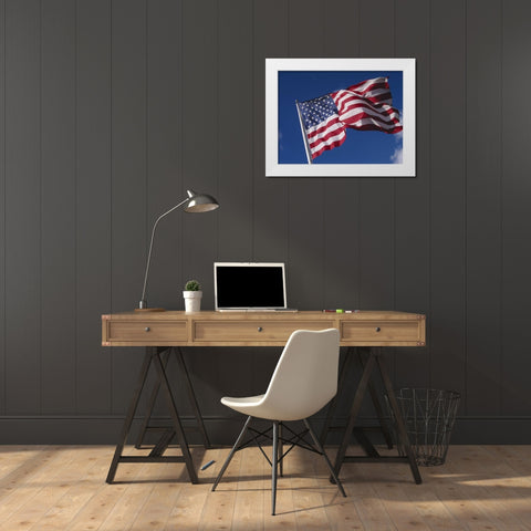 Washington, Cle Elum American flag flaps in wind White Modern Wood Framed Art Print by Ross, Nancy ,  Steve