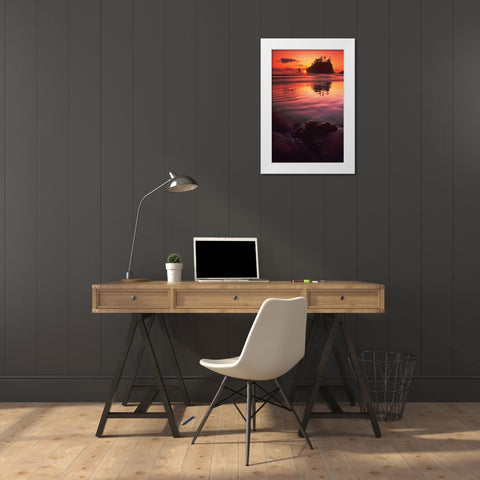 WA, Olympic NP Sunset over sea stacks White Modern Wood Framed Art Print by Welling, Dave