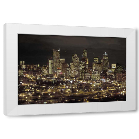 Washington, Seattle Night skyline of downtown White Modern Wood Framed Art Print by Grall, Don