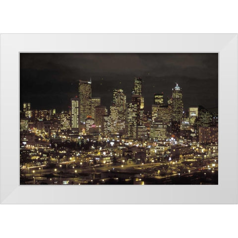Washington, Seattle Night skyline of downtown White Modern Wood Framed Art Print by Grall, Don