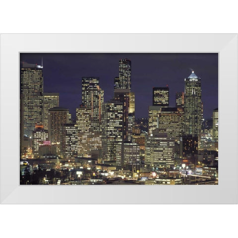 Washington, Seattle Night skyline of downtown White Modern Wood Framed Art Print by Grall, Don