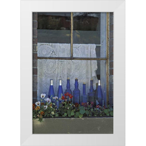 WA, Palouse Row of blue bottles and flowers White Modern Wood Framed Art Print by Grall, Don