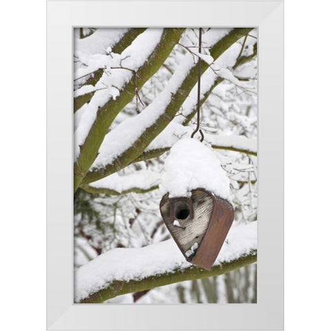 WA, Seabeck Heart-shaped bird house in snow White Modern Wood Framed Art Print by Paulson, Don