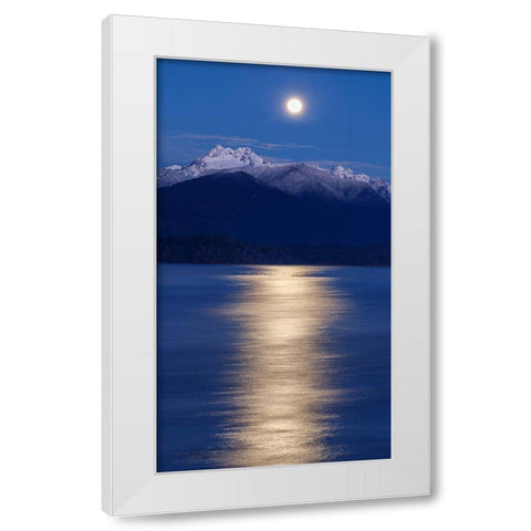 Washington State-Seabeck Moon over Olympic Mountains and Hood Canal at sunrise White Modern Wood Framed Art Print by Jaynes Gallery