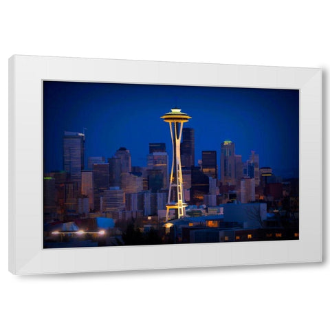 Washington State Abstract of downtown and Space Needle White Modern Wood Framed Art Print by Jaynes Gallery