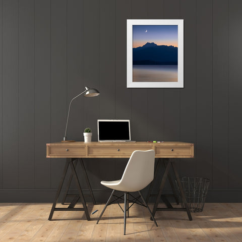 USA-Washington State-Seabeck Crescent moon at sunset over Hood Canal and Olympic Mountains White Modern Wood Framed Art Print by Jaynes Gallery