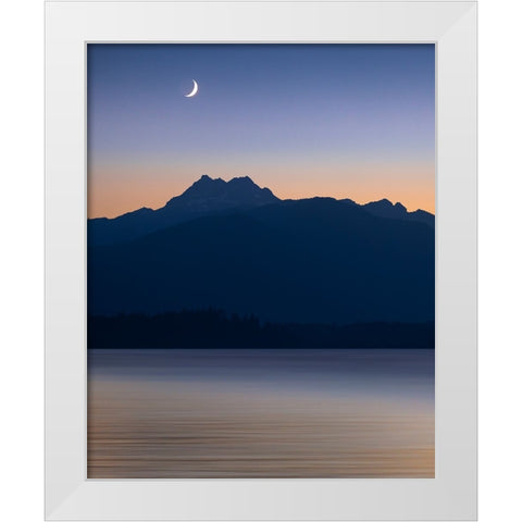USA-Washington State-Seabeck Crescent moon at sunset over Hood Canal and Olympic Mountains White Modern Wood Framed Art Print by Jaynes Gallery