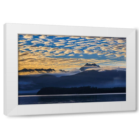 USA- Washington State- Seabeck. Sunset over Olympic Mountains and Hood Canal. White Modern Wood Framed Art Print by Jaynes Gallery