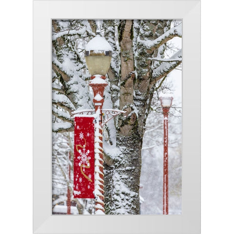USA- Washington State- Issaquah with fresh fallen snow and red lamppost with Christmas decorations White Modern Wood Framed Art Print by Gulin, Darrell