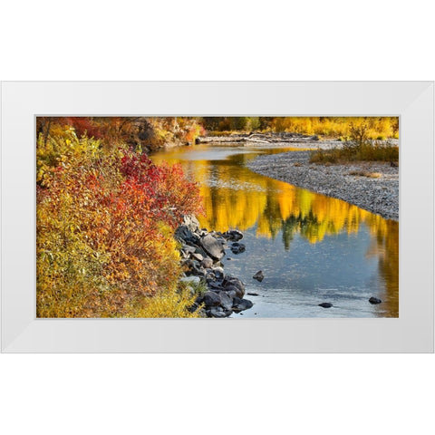 USA- Washington State- Methow Valley and river edged in Fall colored trees. White Modern Wood Framed Art Print by Gulin, Darrell