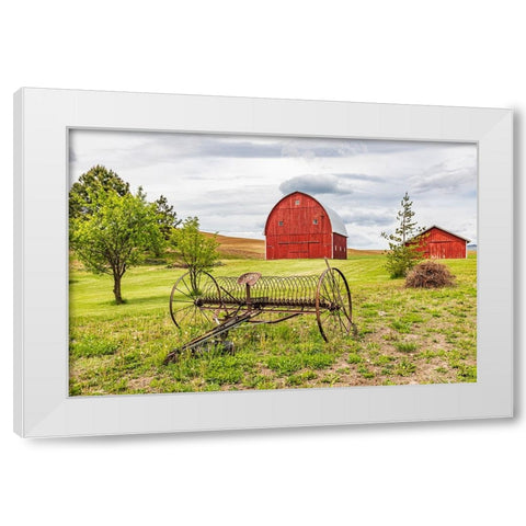 Albion-Washington State-USA-Red barns and antique farm equipment in the Palouse hills White Modern Wood Framed Art Print by Wilson, Emily M.