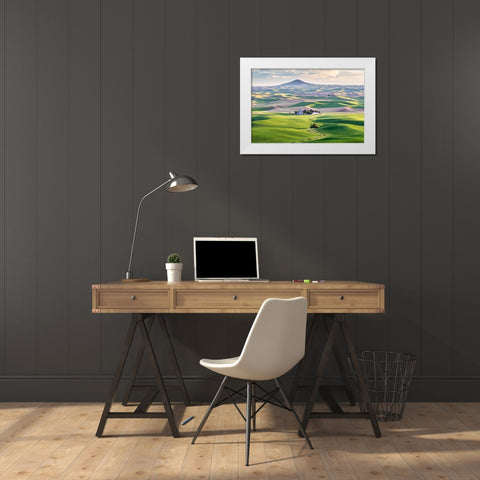 Farmington-Washington State-USA-Wheat farms in front of Steptoe Butte in the Palouse hills White Modern Wood Framed Art Print by Wilson, Emily M.