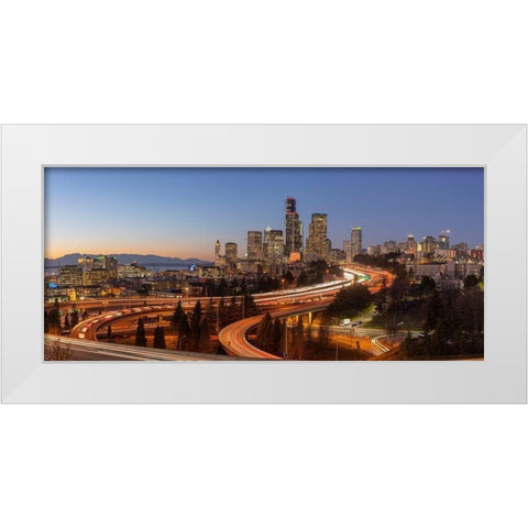 Downtown Seattle skyline in the evening light-Seattle-Washington State White Modern Wood Framed Art Print by Probst, Greg
