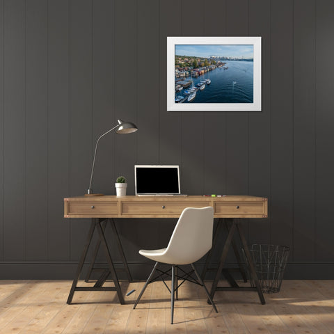 Aerial view of sailboats and houseboats on Lake Union with downtown Seattle in the background White Modern Wood Framed Art Print by Probst, Greg