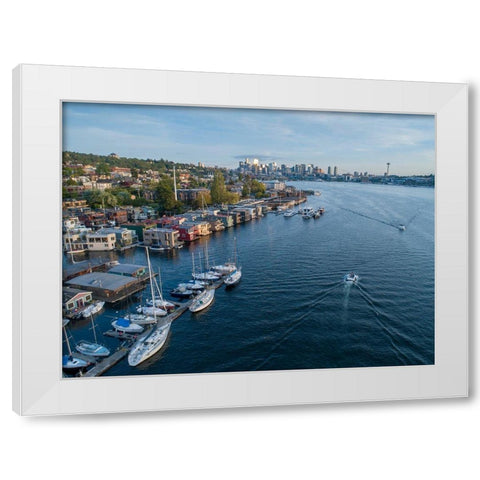 Aerial view of sailboats and houseboats on Lake Union with downtown Seattle in the background White Modern Wood Framed Art Print by Probst, Greg