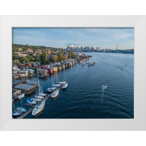 Aerial view of sailboats and houseboats on Lake Union with downtown Seattle in the background White Modern Wood Framed Art Print by Probst, Greg