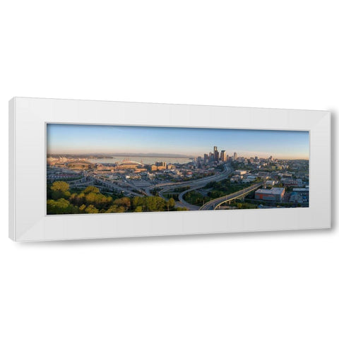 Sunrise view on Seattle-Elliott Bay and the Olympic Mountains as seen from Beacon Hill White Modern Wood Framed Art Print by Probst, Greg