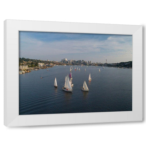 Aerial view of sailboats racing on Lake Union in the evening with the Seattle skyline White Modern Wood Framed Art Print by Probst, Greg