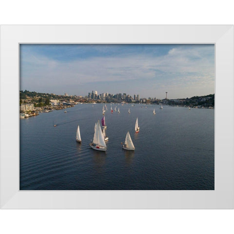 Aerial view of sailboats racing on Lake Union in the evening with the Seattle skyline White Modern Wood Framed Art Print by Probst, Greg