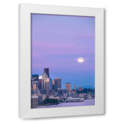Downtown Seattle with a full moon rising in the evening sky-Seattle-Washington State White Modern Wood Framed Art Print by Probst, Greg