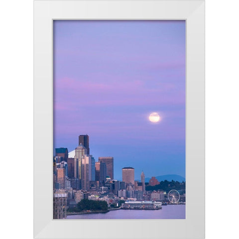 Downtown Seattle with a full moon rising in the evening sky-Seattle-Washington State White Modern Wood Framed Art Print by Probst, Greg