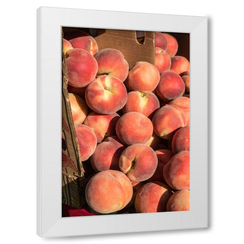 Issaquah-Washington State-USA Boxes of White Lady peaches for sale at a Farmers Market White Modern Wood Framed Art Print by Horton, Janet