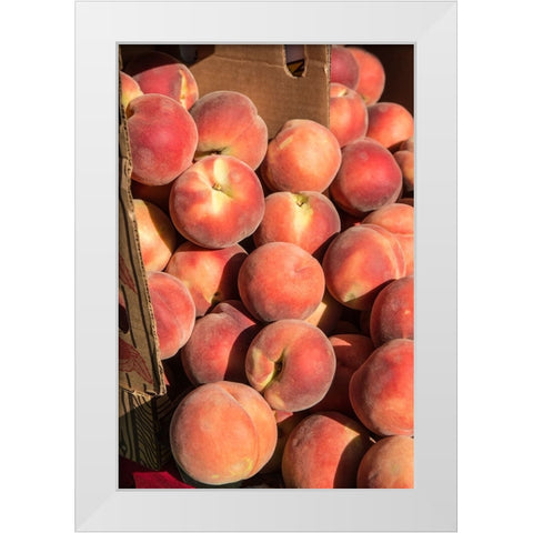 Issaquah-Washington State-USA Boxes of White Lady peaches for sale at a Farmers Market White Modern Wood Framed Art Print by Horton, Janet