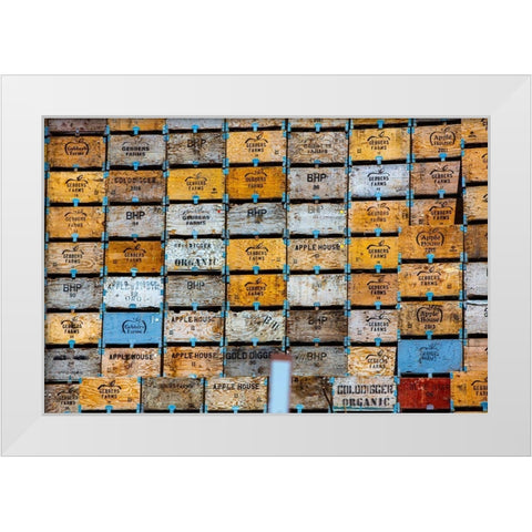 Brewster-Washington State-colorful-wooden fruit shipping crates White Modern Wood Framed Art Print by Sienda, Jolly