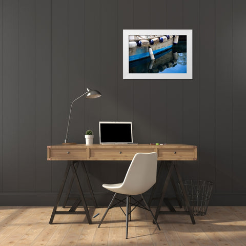 Anacortes-Washington State-blue wooden boat White Modern Wood Framed Art Print by Sienda, Jolly