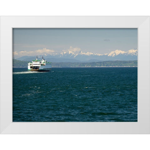 Washington State-Seattle-Washington State Ferry on Elliott Bay-Olympic Mountains in background White Modern Wood Framed Art Print by Wild, Jamie and Judy
