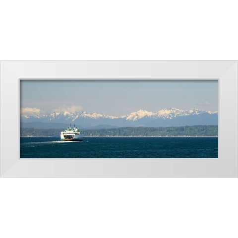 Washington State-Seattle-Washington State Ferry on Elliott Bay-Olympic Mountains in background White Modern Wood Framed Art Print by Wild, Jamie and Judy